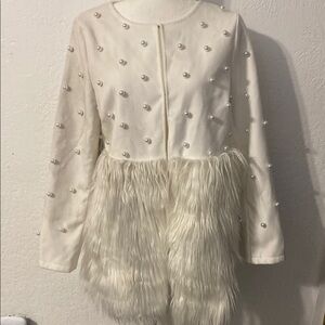 SHEIN White Pearl Embellished Faux Fur Blazer